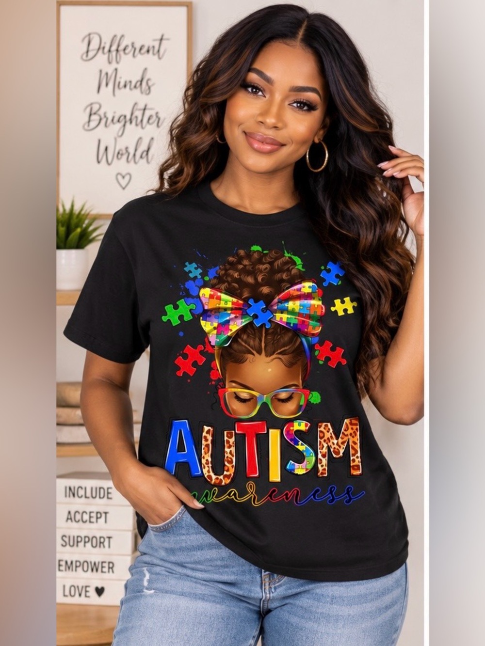 Autism Awareness Kids Tee - Black with Puzzle Bow Design